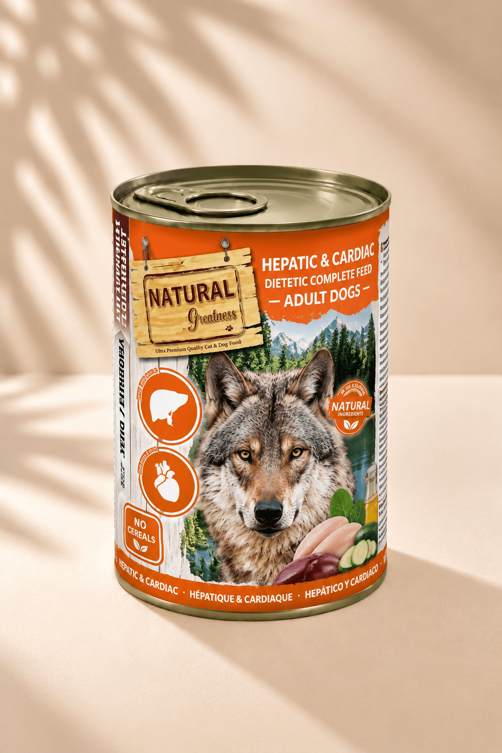 Natural Greatness Hepatic & Cardiac dieetvoer 400 g, oranje blik voor honden met wolf en symbolen voor lever en hart.