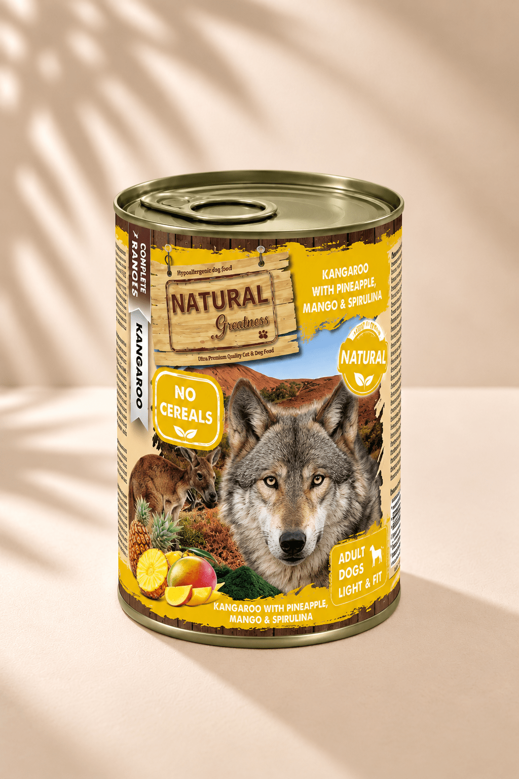 Natural Greatness Kangoeroe & Ananas 400 g, geel blik hondenvoer met wolf, kangoeroe, ananas, mango en spirulina.