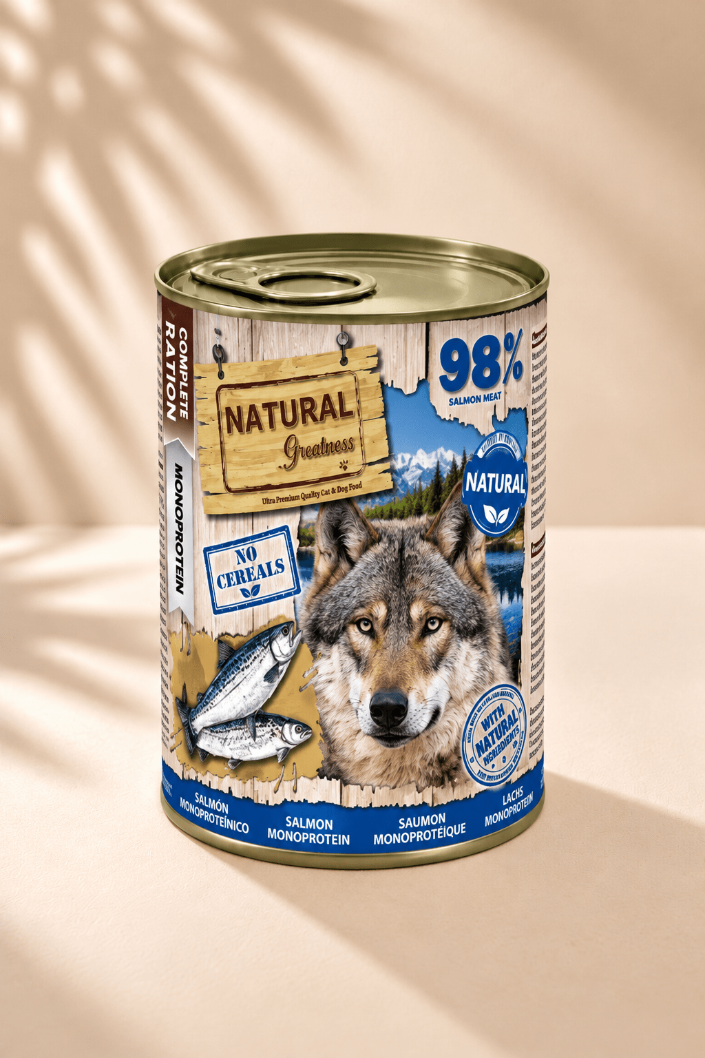 Natural Greatness Monoprotein Salmon 400 g, blauw-beige blik met wolf en zalm, graanvrij aanvullend natvoer voor honden.