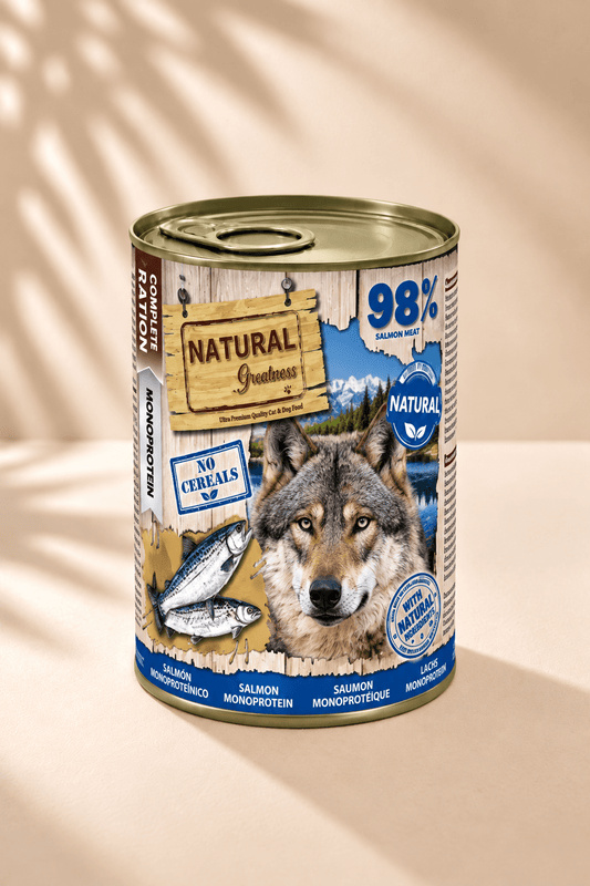 Natural Greatness Monoprotein Salmon 400 g, blauw-beige blik met wolf en zalm, graanvrij aanvullend natvoer voor honden.