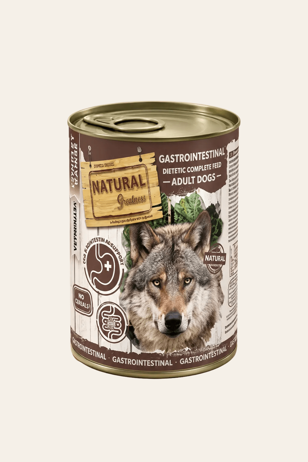 Natural Greatness Veterinary Gastrointestinal dieetvoer voor honden, blik 400 g met wolf, bruine verpakking en spijsverteringssymbolen.