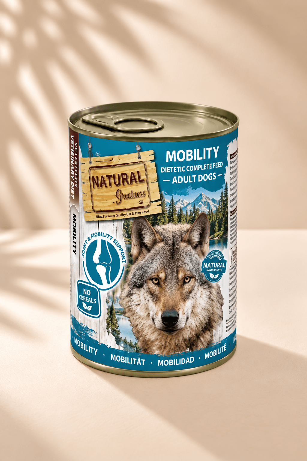 Natural Greatness Veterinary Mobility Adult 400 g, blauw-wit blik dieetnatvoer voor honden met wolf en gewrichtssymbool.