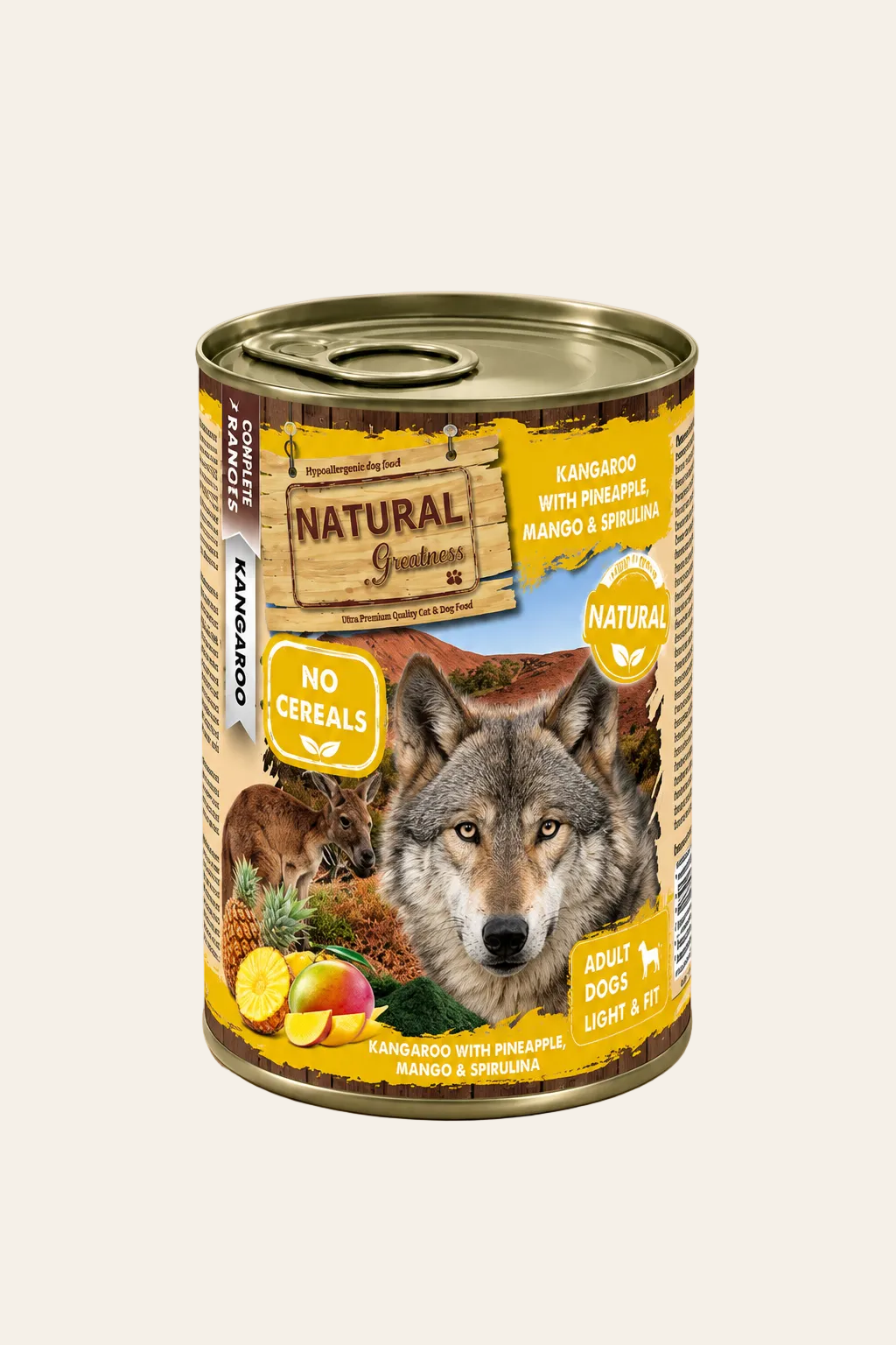Natural Greatness Kangoeroe & Ananas 400 g, geel blik hondenvoer met wolf, kangoeroe, ananas, mango en spirulina.