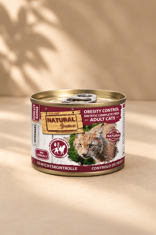 Natural Greatness Obesity Control graanvrij dieetnatvoer voor katten met overgewicht, blik van 200 gram op beige achtergrond.