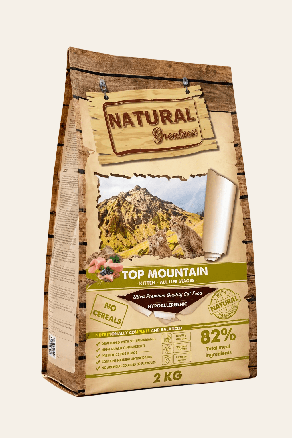 Natural Greatness Top Mountain kattenbrokken 2 kg met konijn voor kittens en volwassen katten, op warme beige productachtergrond