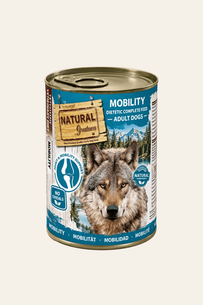 Natural Greatness Veterinary Mobility Adult 400 g, blauw-wit blik dieetnatvoer voor honden met wolf en gewrichtssymbool.