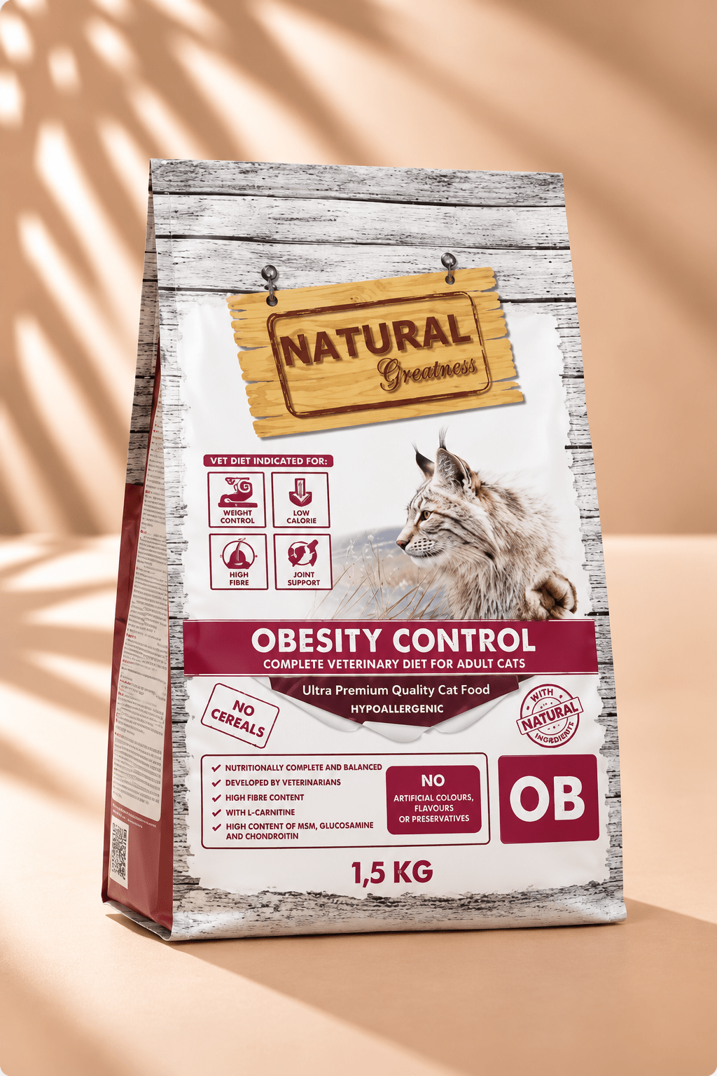 Natural Greatness Obesity Control veterinair kattenvoer 1,5 kg met kalkoen voor gewichtscontrole, verpakking op beige achtergrond