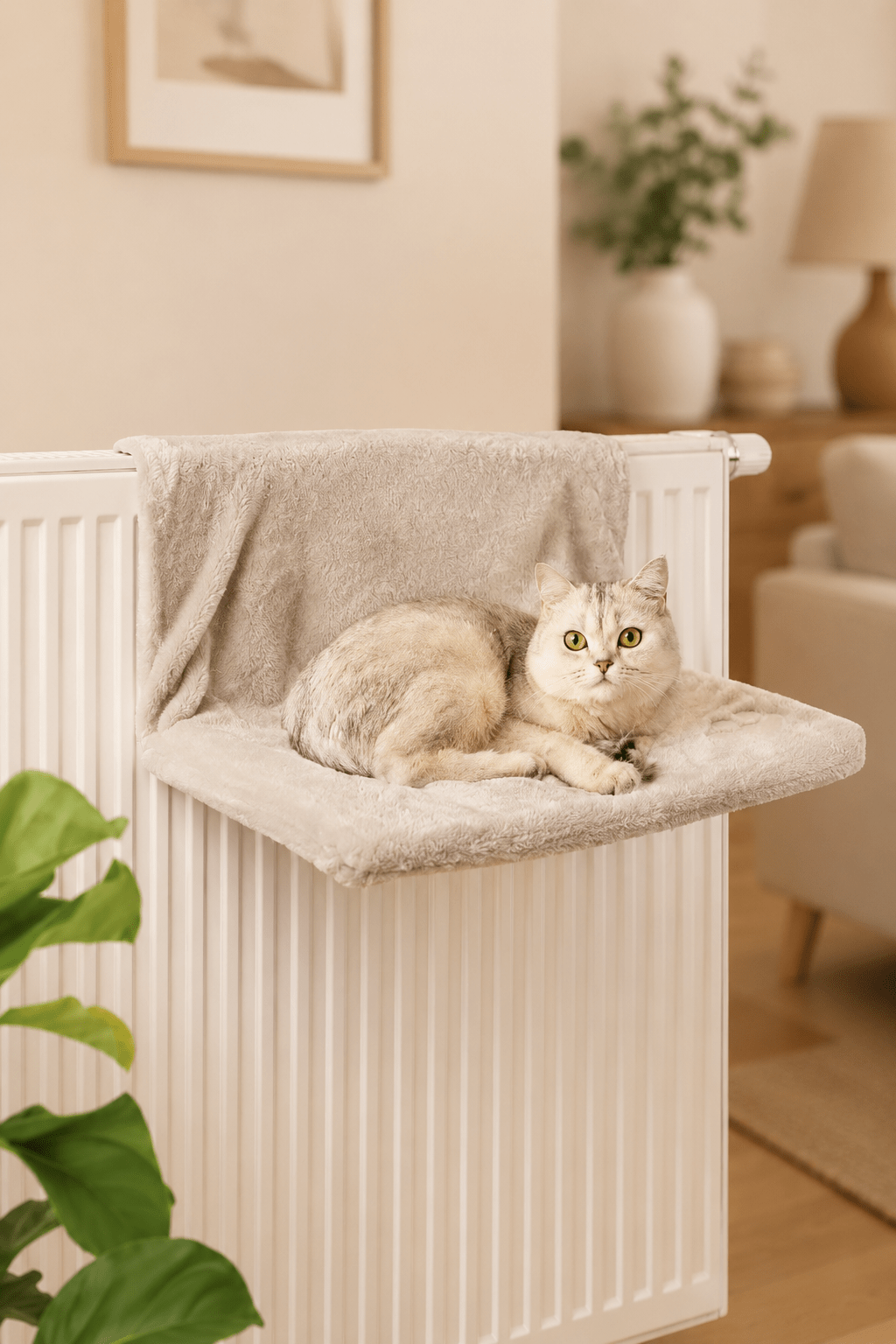 Neandno beige pluche radiatorbed voor katten 