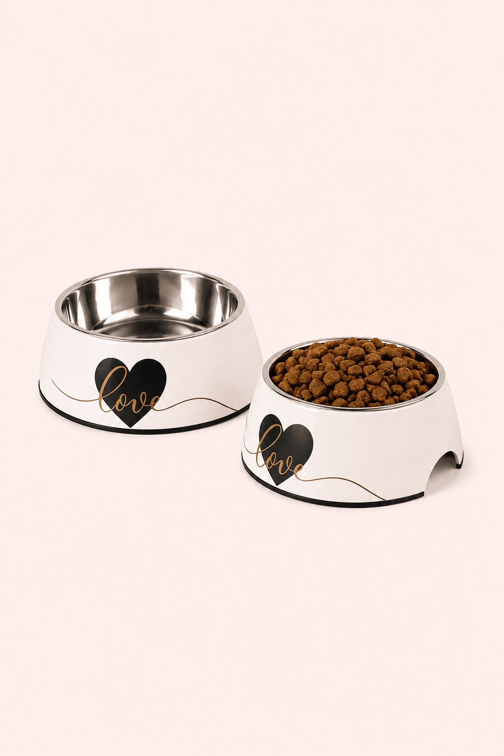 Neandno melamine voerbak in roestvrijstalen tweedelig set met hartvorm print op lichtbeige achtergron product foto