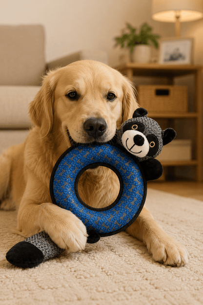 Neandno pluche wasbeer met leren pieper voor tandverzorging