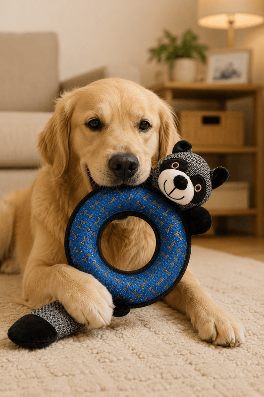Neandno pluche wasbeer met leren pieper voor tandverzorging