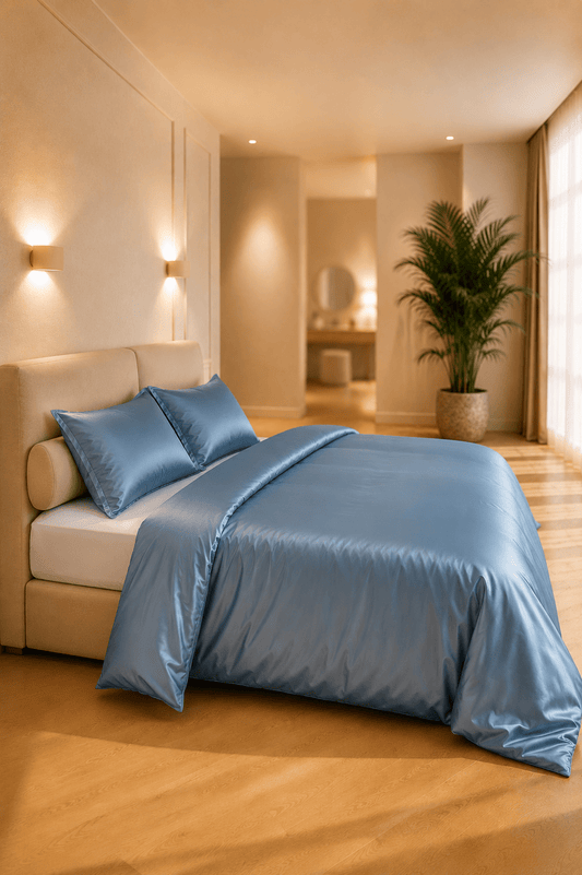 Oceaanblauw Eco Bamboo dekbedovertrek op een bed in een warme, minimalistische slaapkamer met natuurlijk hout
