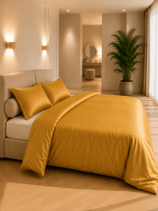 Okergeel dekbedovertrek van TENCEL Lyocell in twillweving op een bed in een warme, minimalistische slaapkamer
