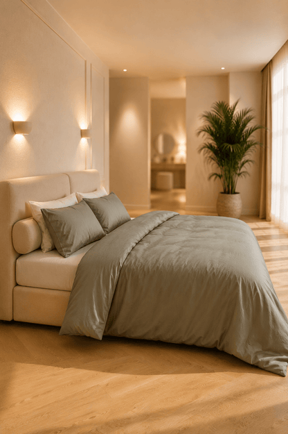 Olijfgroen dekbedovertrek van TENCEL Lyocell in twillweving op een bed in een warme, minimalistische slaapkamer