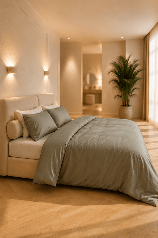 Olijfgroen dekbedovertrek van TENCEL Lyocell in twillweving op een bed in een warme, minimalistische slaapkamer