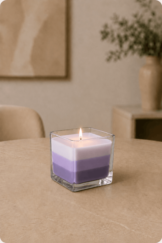 Opichtende lavendel regenboog kaars in glazen houder op een lichtbeige tafel in de woonkamer