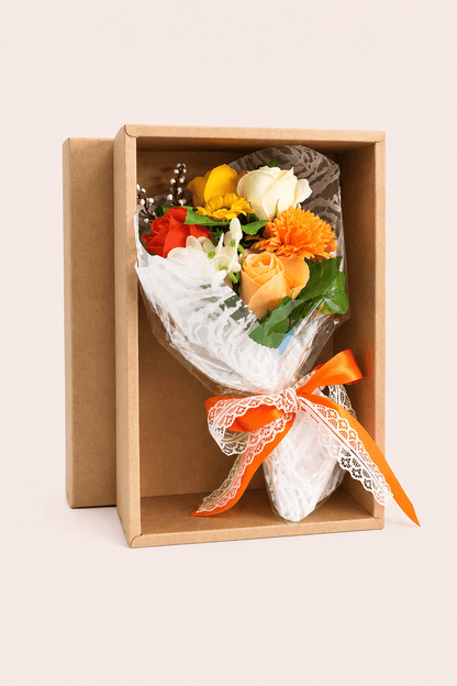  Oranje zeepbloemenboeket in geschenkdoos als productfoto