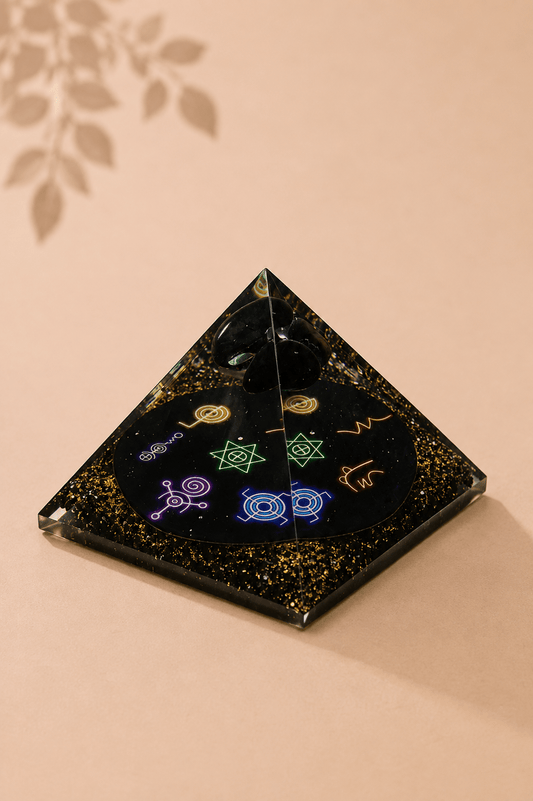 Orgoniet piramide met zwarte obsidiaan en chakra-symbolen op een beige gebladerde achtergrond 