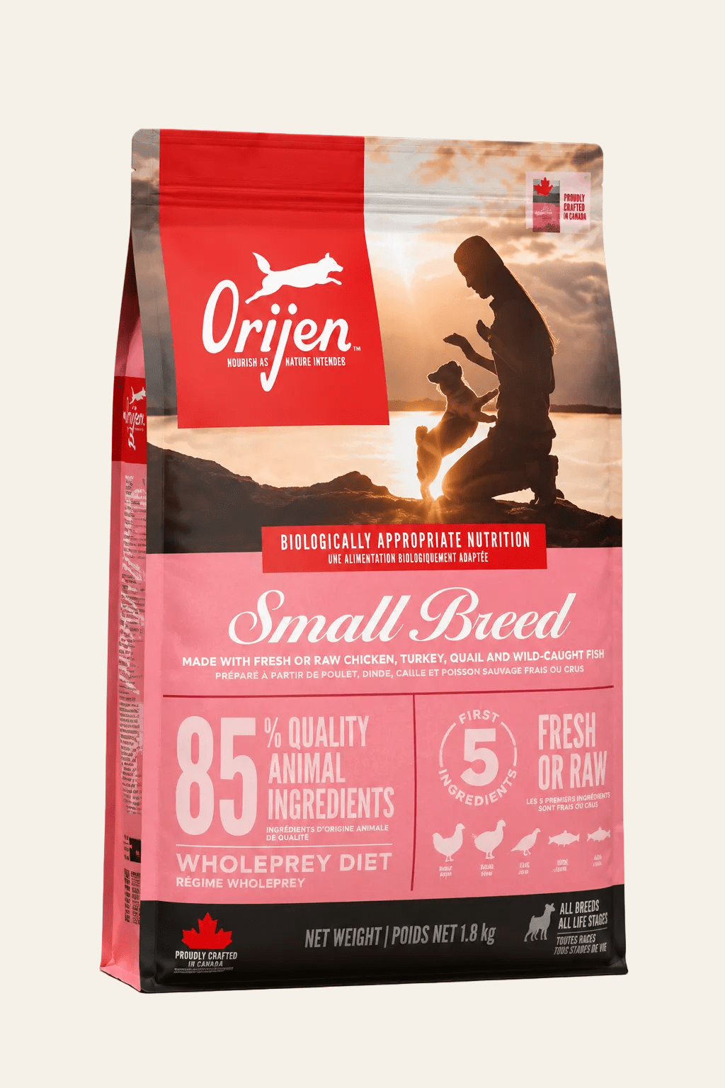 Orijen Whole Prey Small Breed hondenvoer met 85 procent dierlijke ingrediënten in een roze verpakking met een inhoud van 1,8 kg