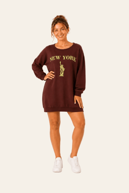 Oversized damestrui met ronde hals, lange mouwen en opvallende print