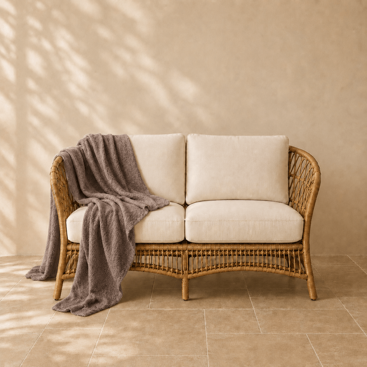 Paris bouclé plaid in cappuccinokleur 140 × 200 cm, in een verzorgde woonsetting met zichtbare textuur en vorm.