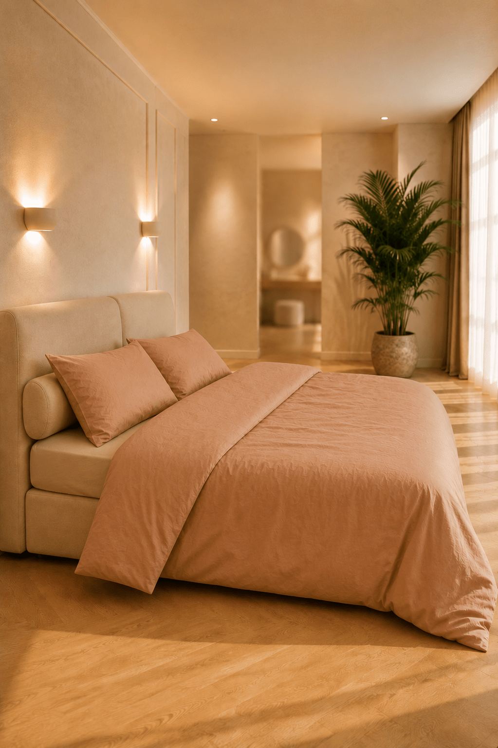 Perzikkleurig dekbedovertrek van TENCEL Lyocell in twillweving op een bed in een warme, minimalistische slaapkamer