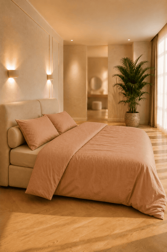 Perzikkleurig dekbedovertrek van TENCEL Lyocell in twillweving op een bed in een warme, minimalistische slaapkamer