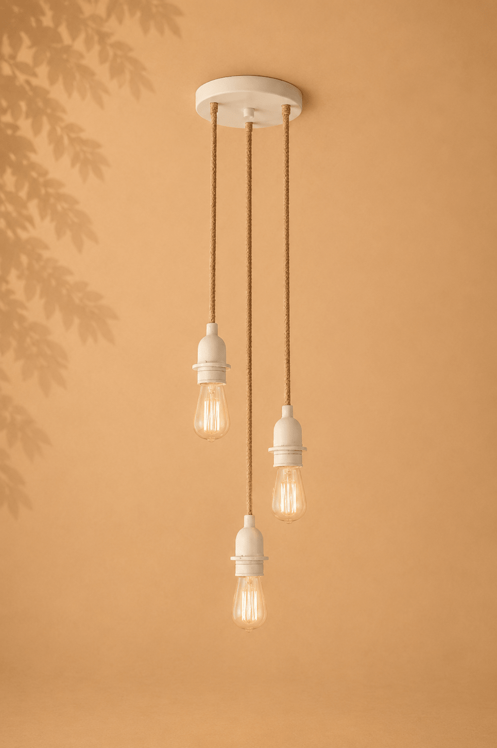 Plafondlamp met drie naturel snoeren en witte fittingen op een beige gebladerde achtergrond