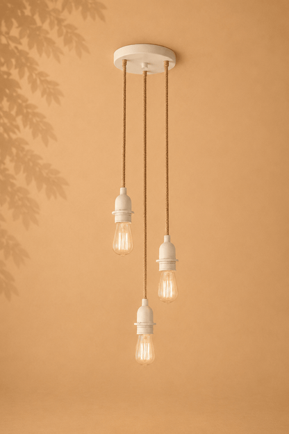 Plafondlamp met drie naturel snoeren en witte fittingen op een beige gebladerde achtergrond