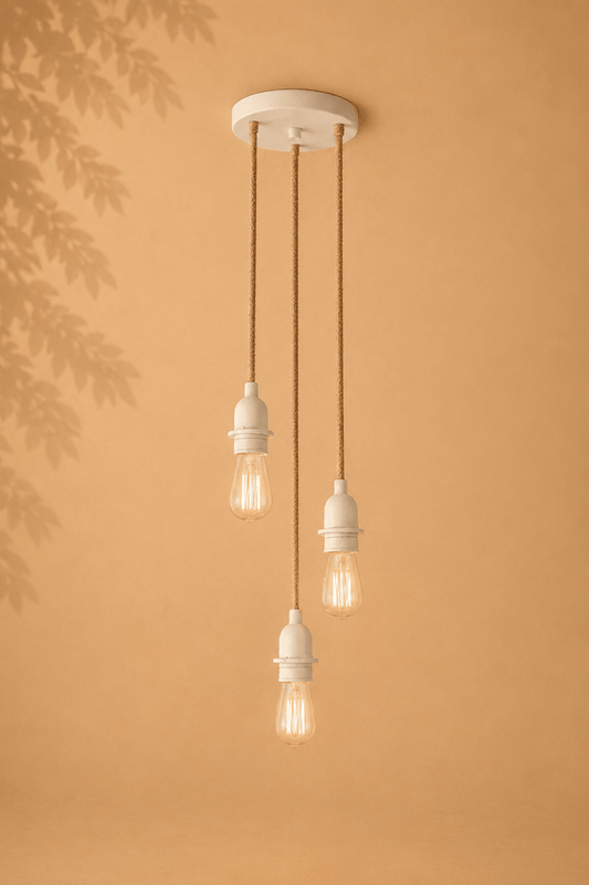 Plafondlamp met drie naturel snoeren en witte fittingen op een beige gebladerde achtergrond