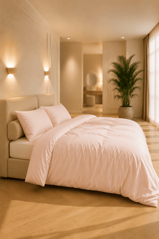 Poederroze Eco Bamboo dekbedovertrek op een bed in een warme, minimalistische slaapkamer met natuurlijk hout