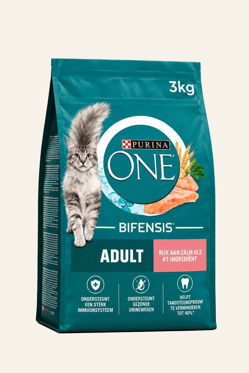 Purina ONE Adult kattenbrokken 3 kg in turquoise zak met grijze kat en roze zalmetikettering, voeding met zalm en volkoren granen.