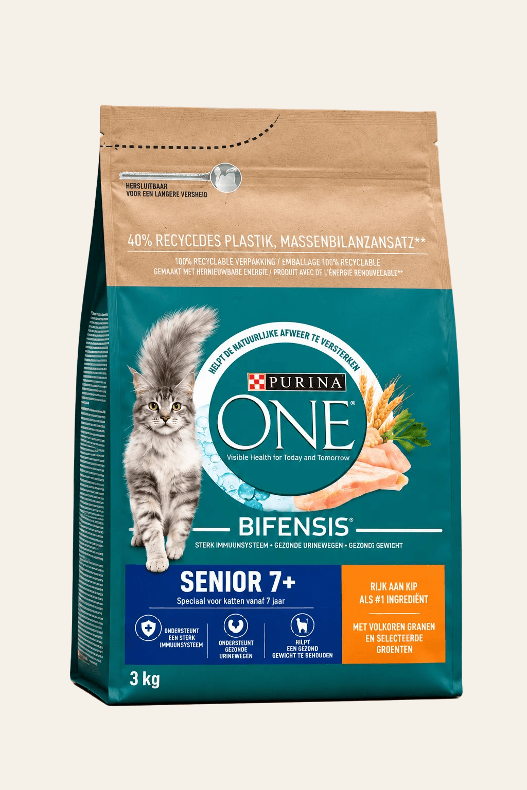 Purina ONE Senior 7+ kattenbrokken 3 kg in turquoise en beige verpakking met grijze kat, kip en Bifensis-formule voor oudere katten.