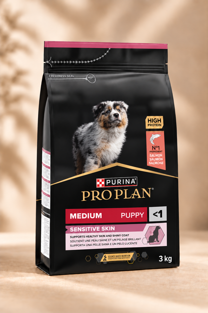 Purina Pro Plan Medium Puppy Sensitive Skin droogvoer met zalm en rijst voor puppy’s met een gevoelige huid, verpakking van 3 kg
