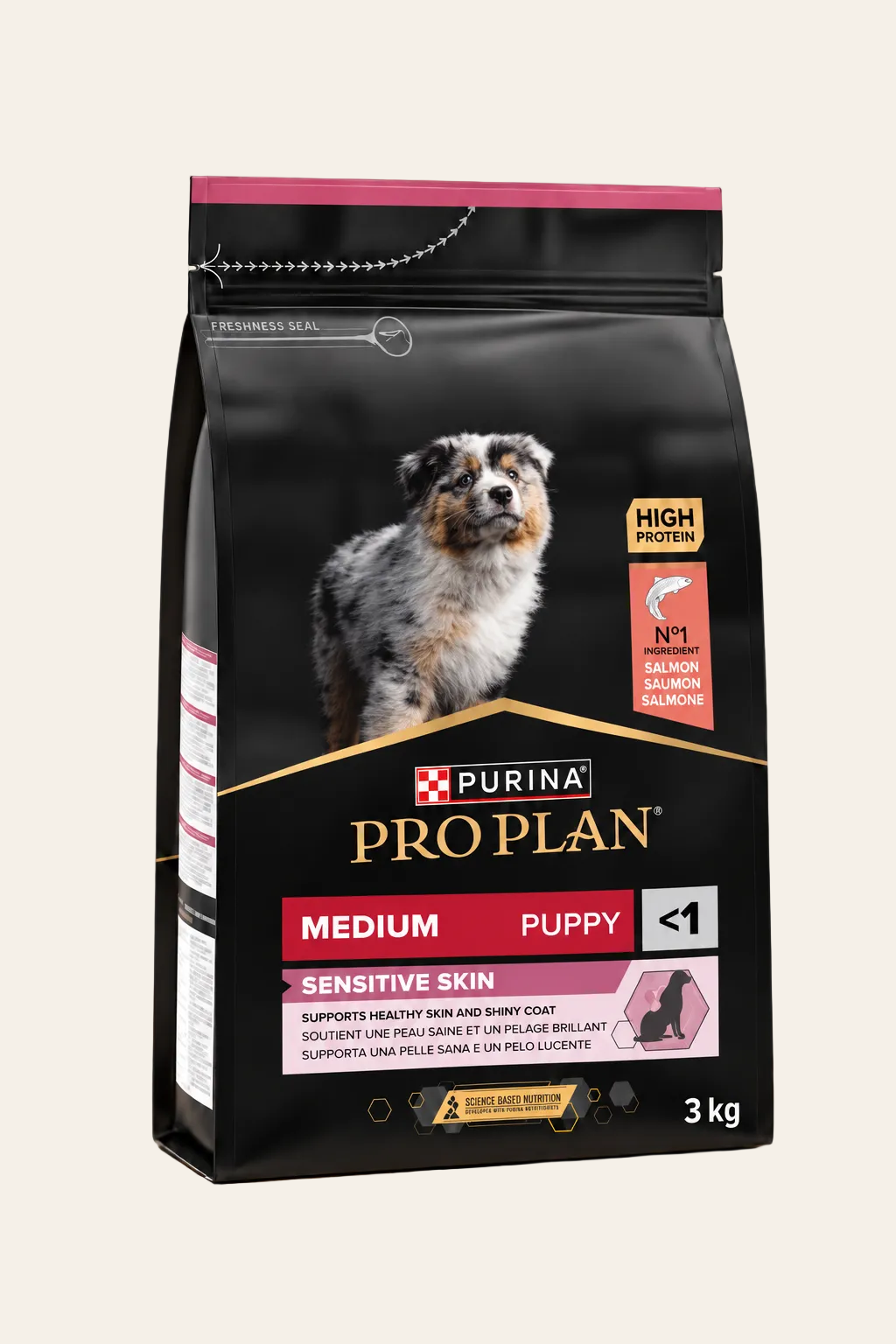 Purina Pro Plan Medium Puppy Sensitive Skin droogvoer met zalm en rijst voor puppy’s met een gevoelige huid, verpakking van 3 kg