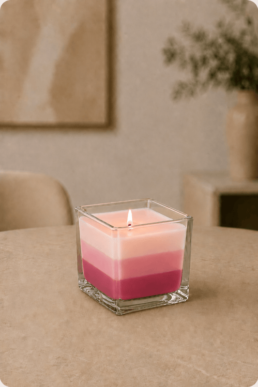 Regenboog oplichtende potkaars op lichtbeige tafel in roze kleur met geblurde achtergrond in een woonkamer 