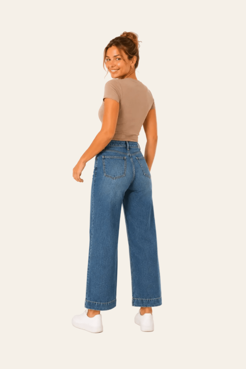 Relaxte damesjeans met hoge taille en opgestikte zakken