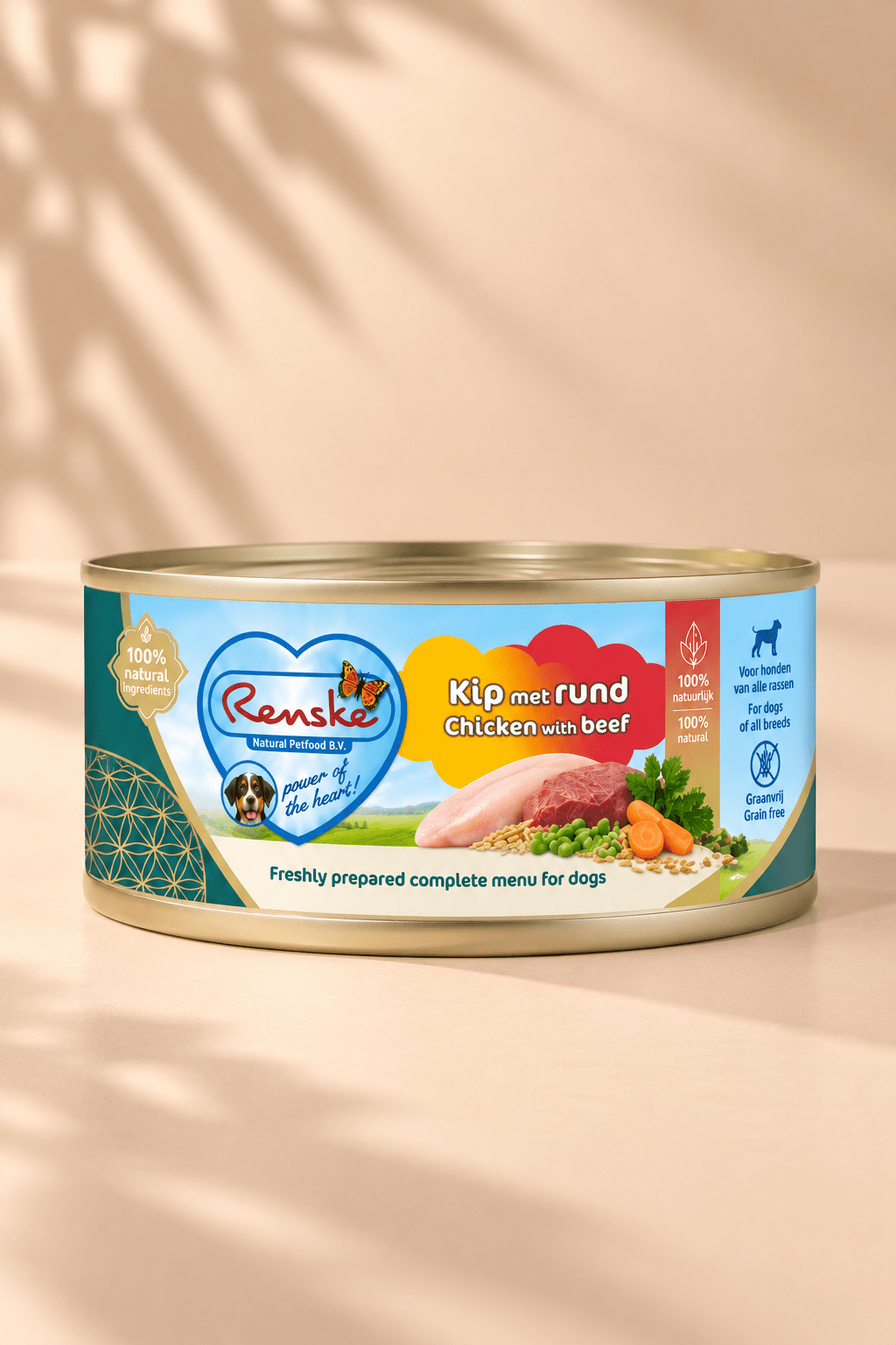 Renske Vers Vlees Kip & Rund 24 x 95 g, compleet natvoer voor honden met 50% kip, 10% rund, wortelen en erwten.