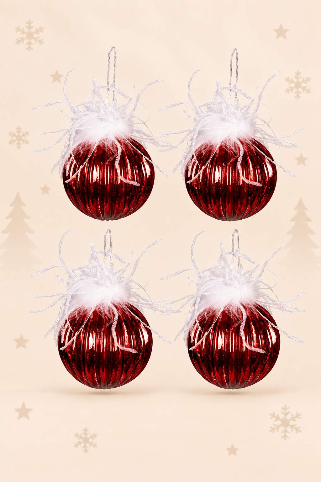 Set van 4 rode glazen kerstballen Ø 10 cm met witte veren als feestelijke kerstdecoratie van Clayre & Eef