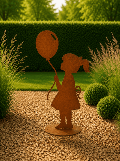 Roestige decoratie van meisje en ballon opgestelt tussen de planten in de tuin op houtschors met diepezicht op een groene haag