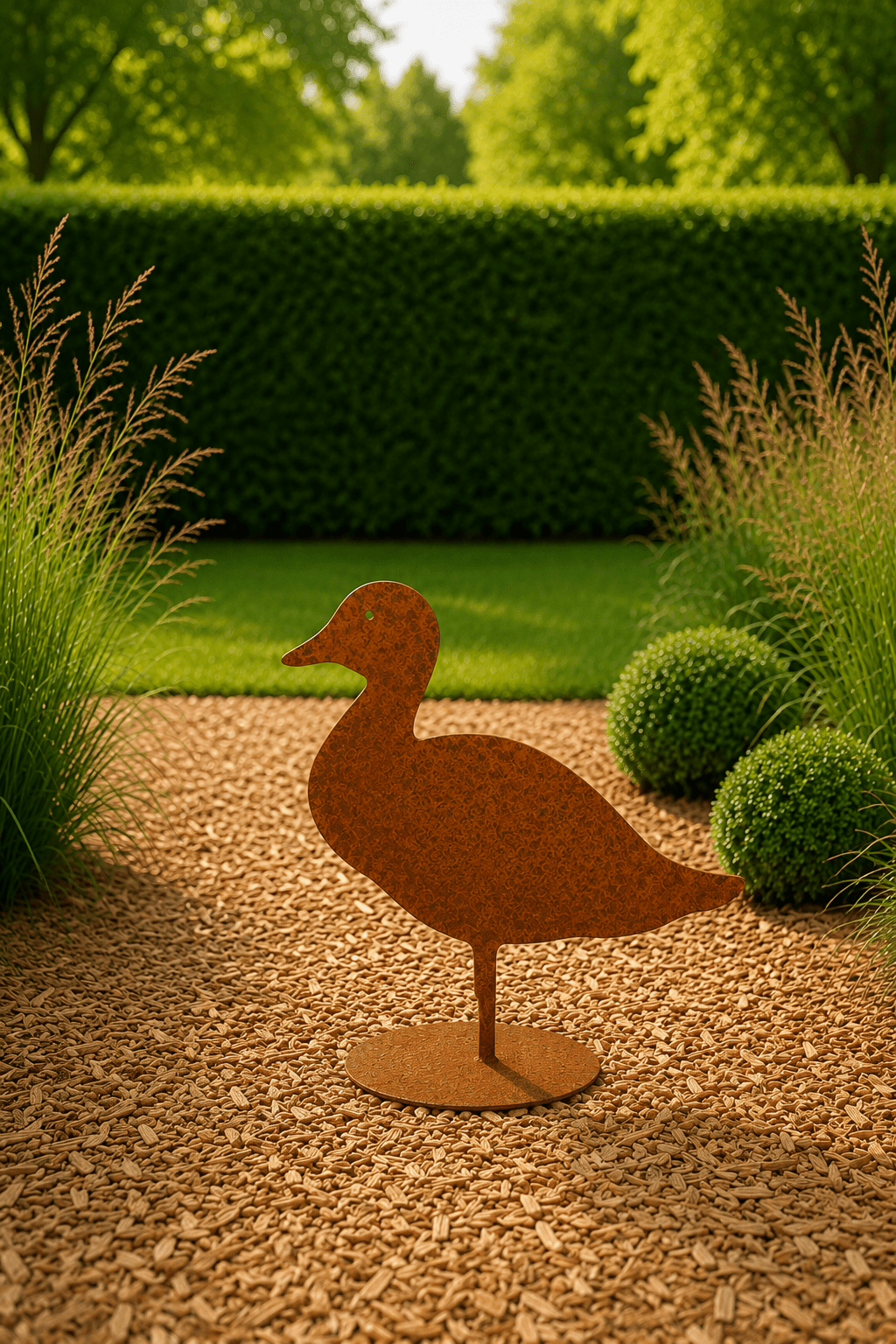 Roestige decoratieve eend op vloerplaat opgesteld op houtschors tussen planten en bloemen