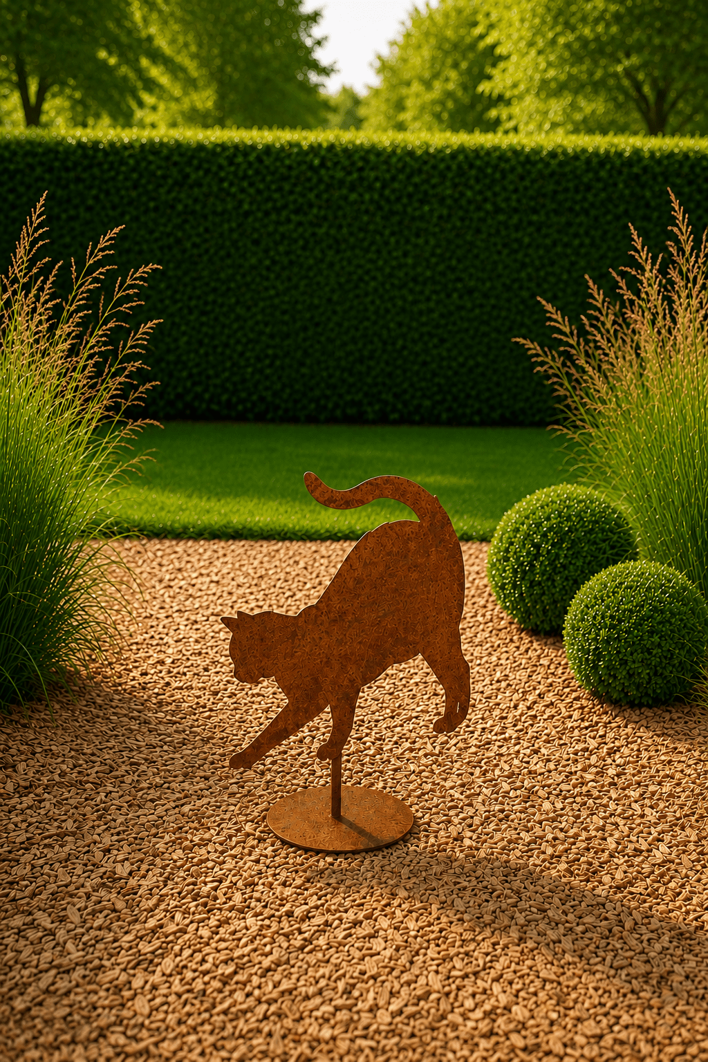Roestige decoratieve kat op vloerplaat die tussen de bloemen spelt in de tuin