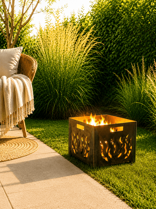 Roestige vuurkorf met authentiek motief brandend naast het terras op het gras tussen de planten