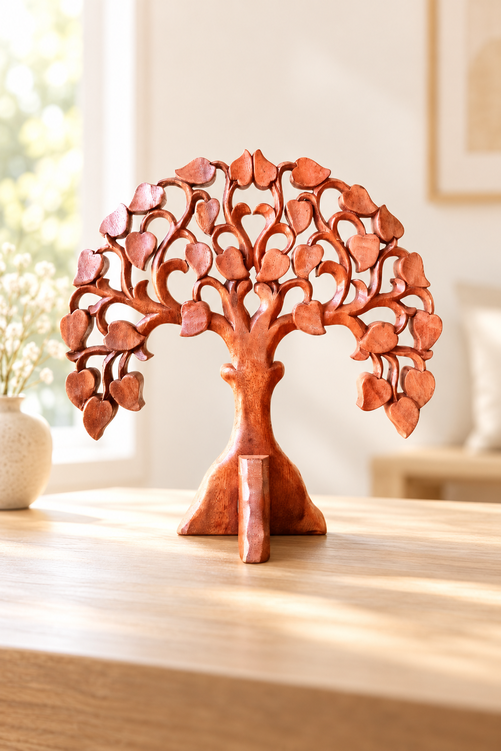 Rond decoratief houten Ohm paneel van 40 cm in een lichtbeige bohemian interieur met warme natuurlijke tinten en een zacht geblurde achtergrond.