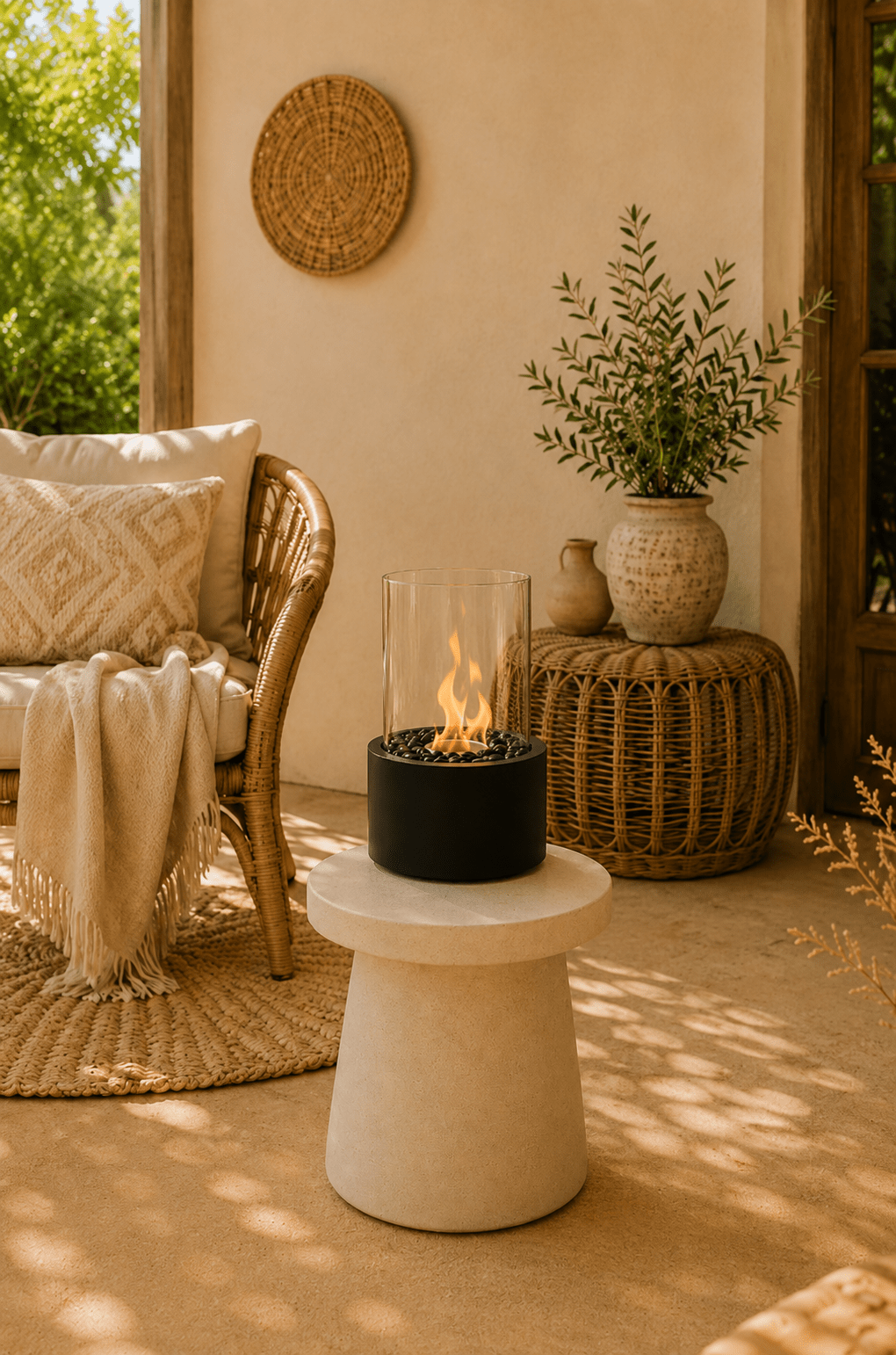 Ronde tafelhaard op bio-ethanol in zwart metaal en glas staand op een sokkel van een gezellig terras in lichtbeigethema
