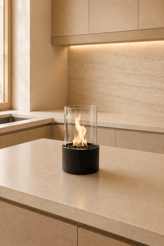 Ronde tafelhaard op bio-ethanol in zwart metaal en glas voorgesteld op een keukeneiland in lichtbeige keuken