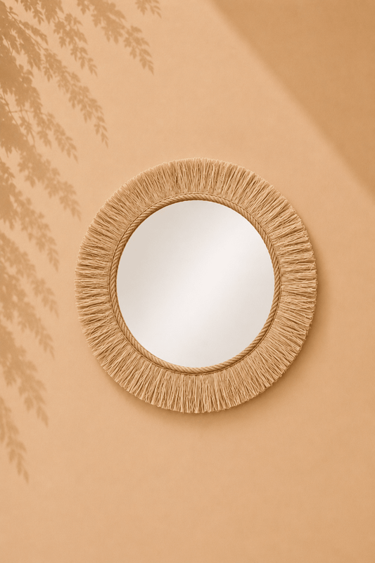 Ronde wandspiegel met natuurlijke raffia