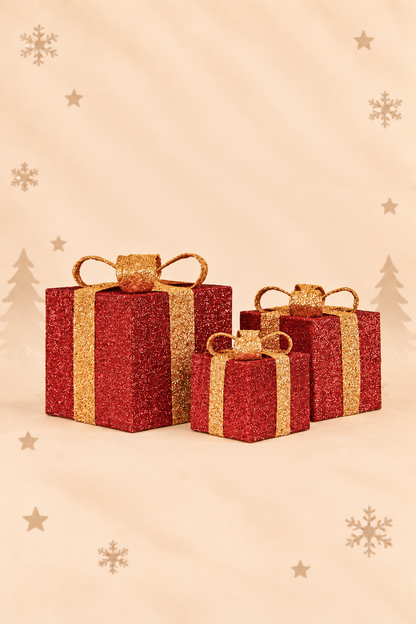 Set van 3 rood-gouden LED kerstcadeaus in verschillende formaten met glitterafwerking, goudkleurige linten en decoratieve strikken