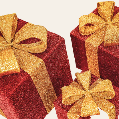 Rood-gouden LED kerstcadeaus set van 3 met gouden strikken van bovenanzicht