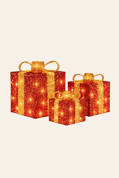 Set van 3 rood-gouden LED kerstcadeaus van 15, 20 en 25 cm met warme brandende verlichting, glitter en goudkleurige strikken